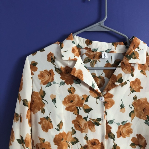 retro orange floral print button up top - Picture 3 of 4